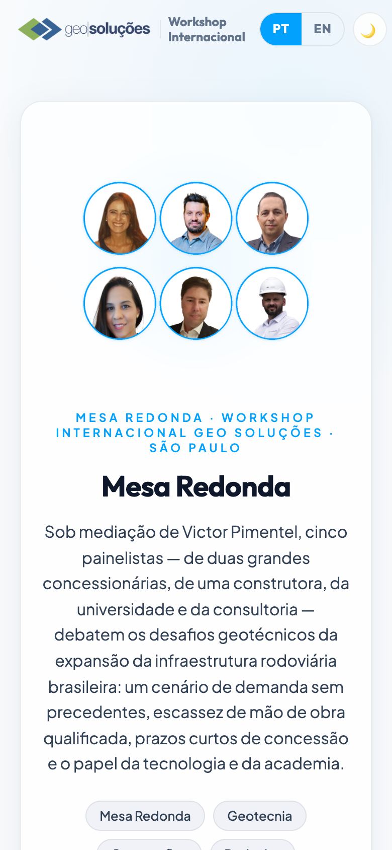 Página da mesa-redonda do Workshop Geo Soluções no celular